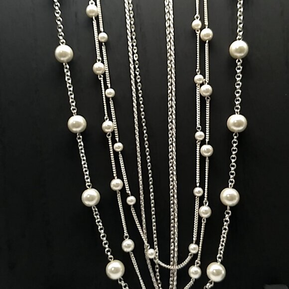 Vintage Style Multi-Strand Faux Pearl & Chain Link Necklace NWOT - Picture 5 of 15